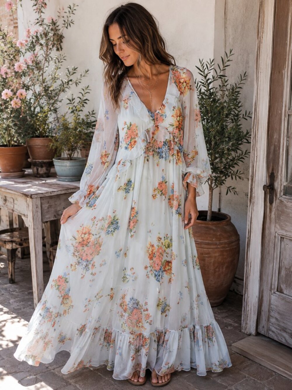 NWT PATRONS OF PEACE Floral Longsleeve Maxi Dress Romantic Boho Ethereal Fairy L